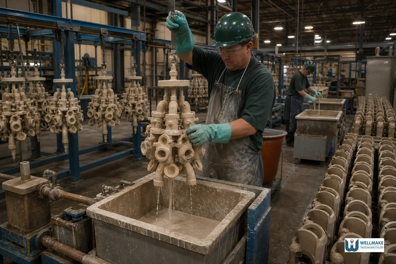 Organized investment casting production floor showing ceramic shell dipping process