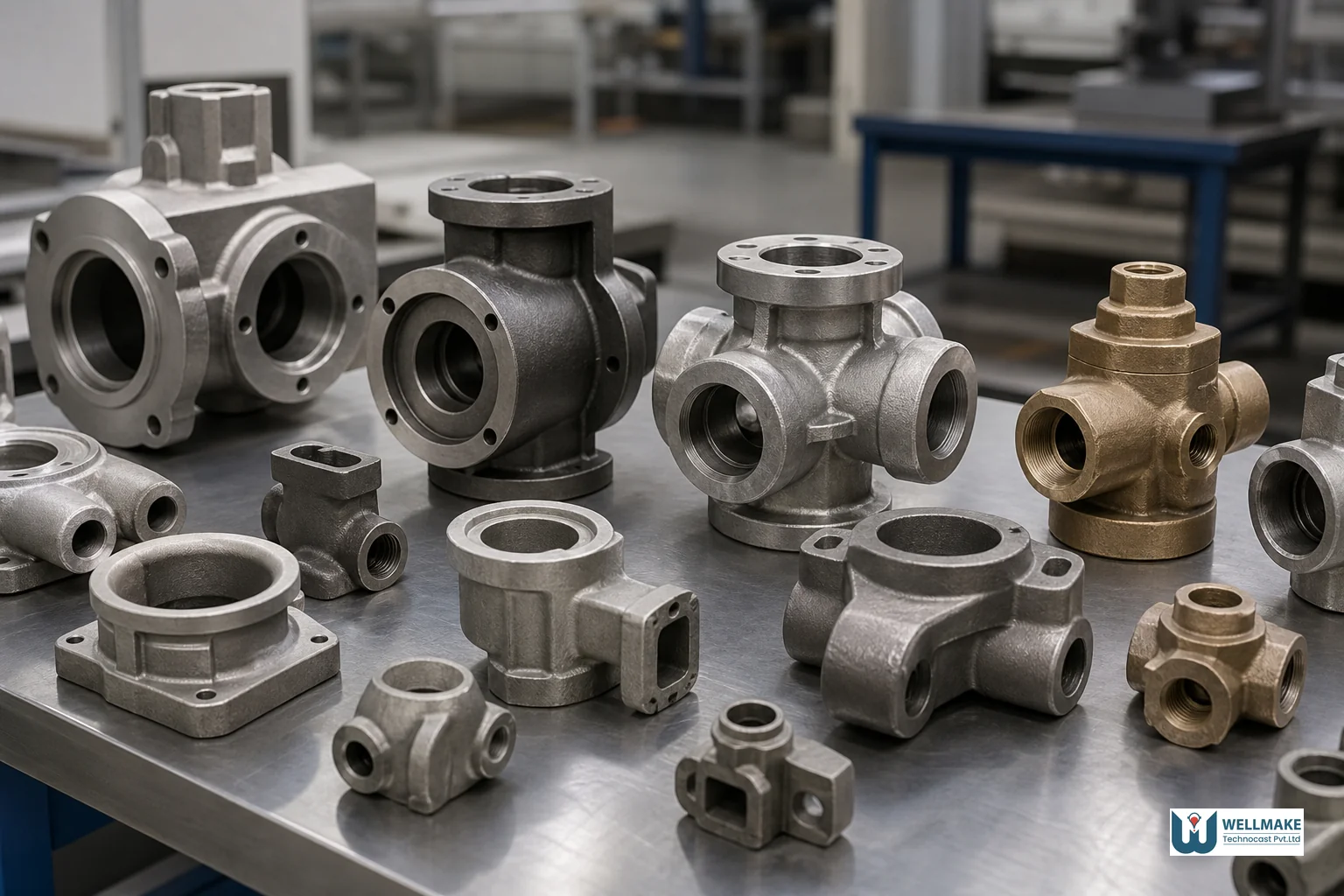 Investment casting foundry production floor with ceramic shell molds during a controlled molten metal pour