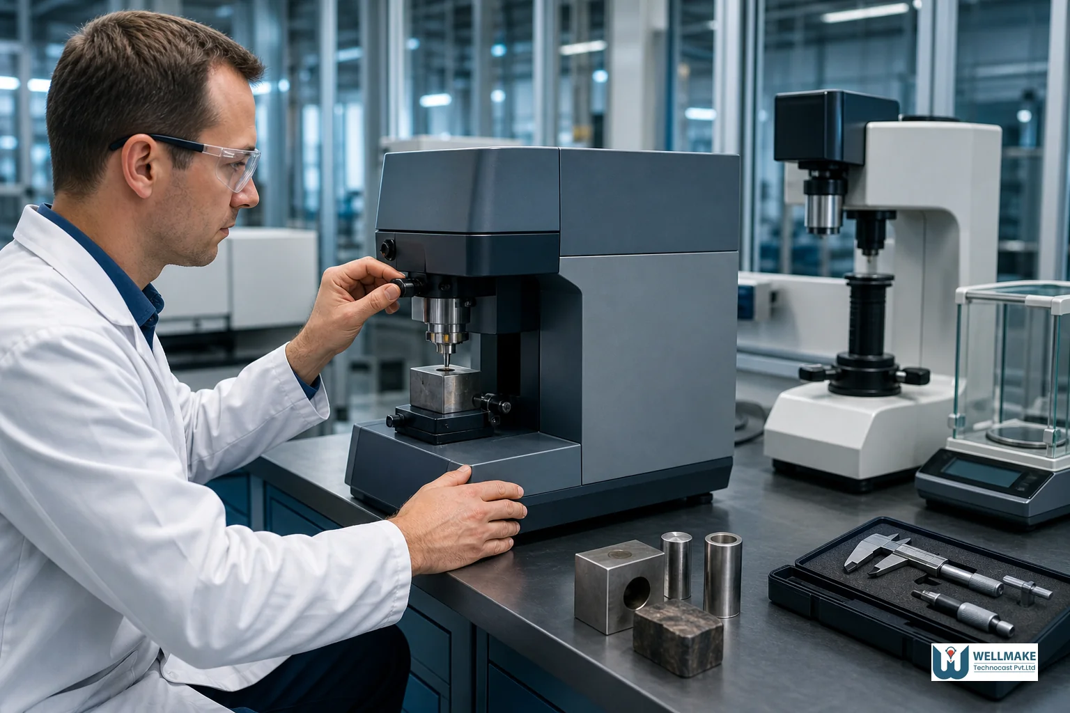 Array of investment cast metal components in stainless steel, carbon steel, and bronze finishes arranged for inspection