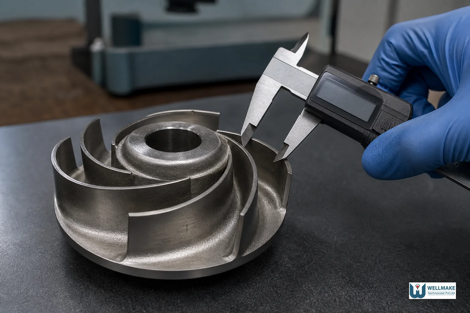 Close-up of a precision-cast pump impeller or valve body being inspected with measuring tools. photorealistic close-up photograph of a precision investment-cast stainless steel pump impeller resting on an inspection table, a technician's