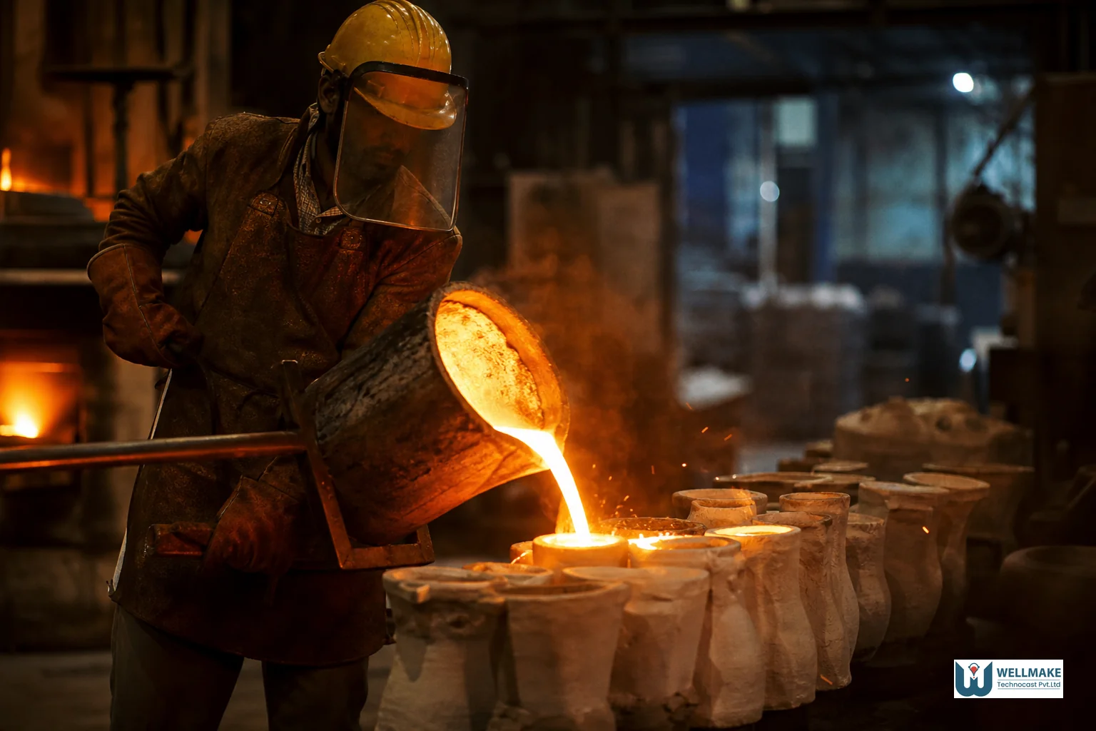 Foundry worker inspecting molten metal pour or ceramic shell casting process representing the Indian foundry side. photorealistic photograph of a skilled foundry worker in protective gear pouring molten metal into ceramic shell molds inside