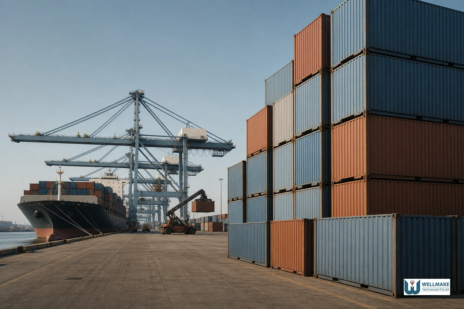 photorealistic photograph of stacked shipping containers at a busy port terminal with a cargo ship docked in the background, cranes loading containers under a clear sky, muted color grading with soft blue-gray and warm brown tones