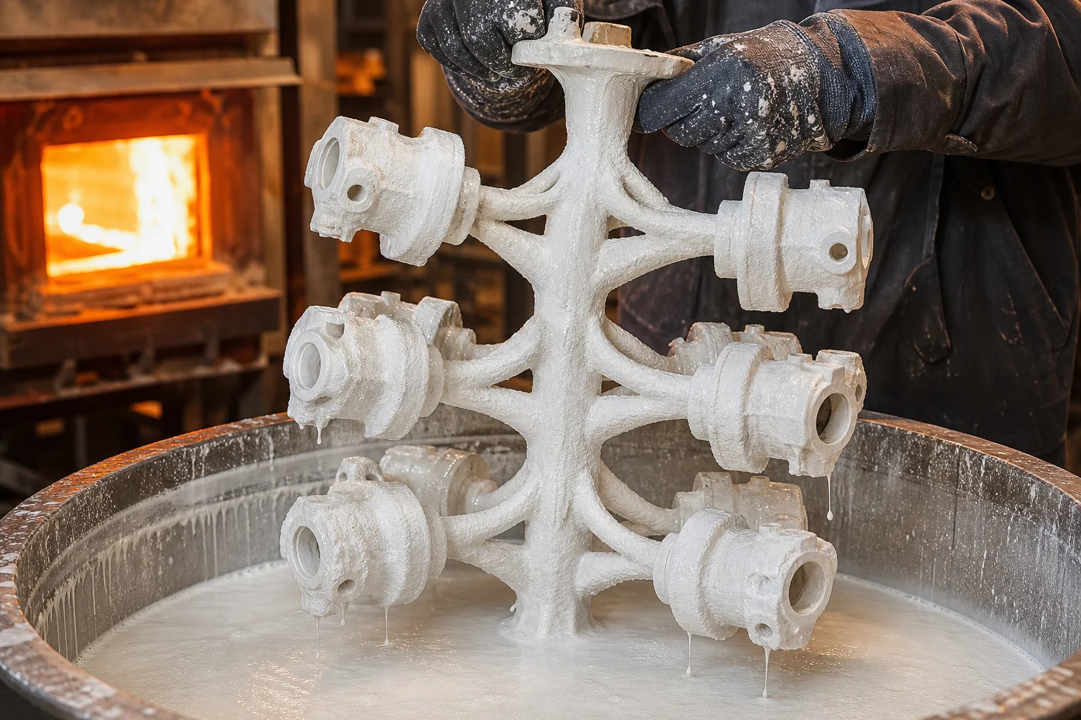 Ceramic shell building stage in an investment casting foundry with wax pattern tree being dipped in ceramic slurry