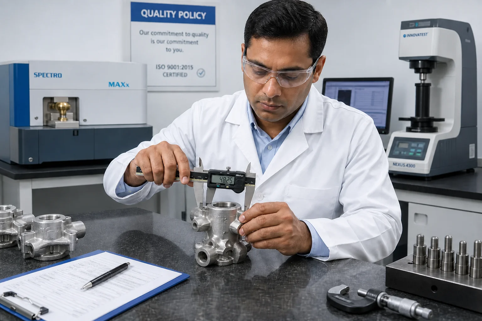 Finished precision investment cast components including pump impeller, valve body, automotive bracket, and flanged fitting arranged for export