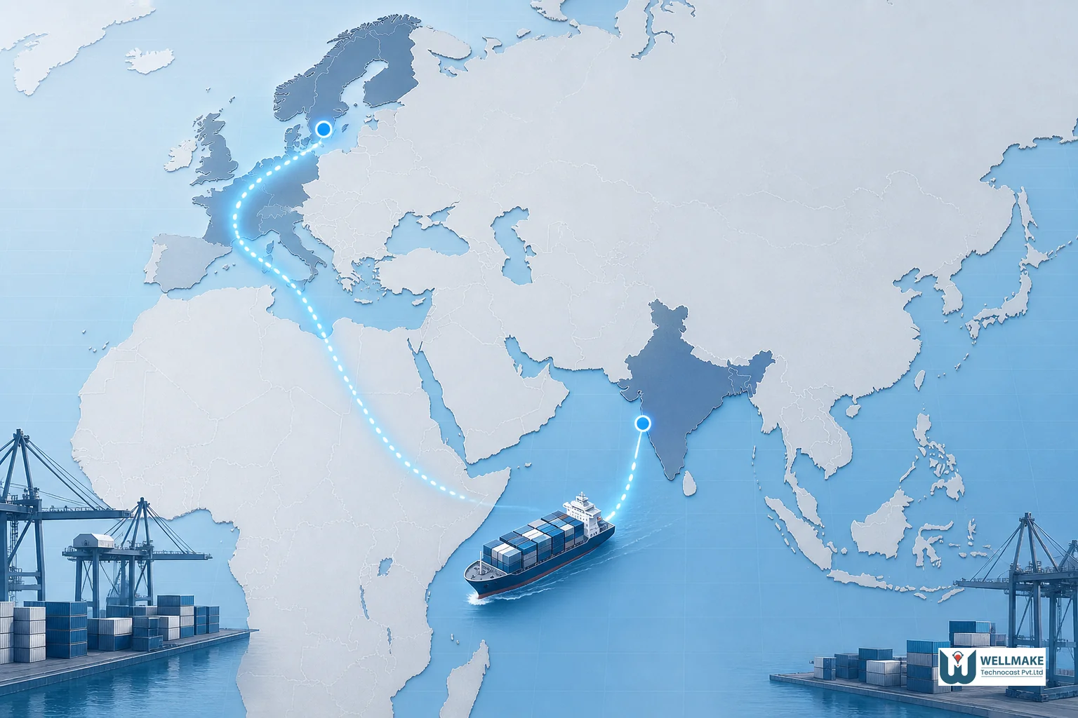 Maritime shipping route between India and Northern Europe representing export logistics for casting supply
