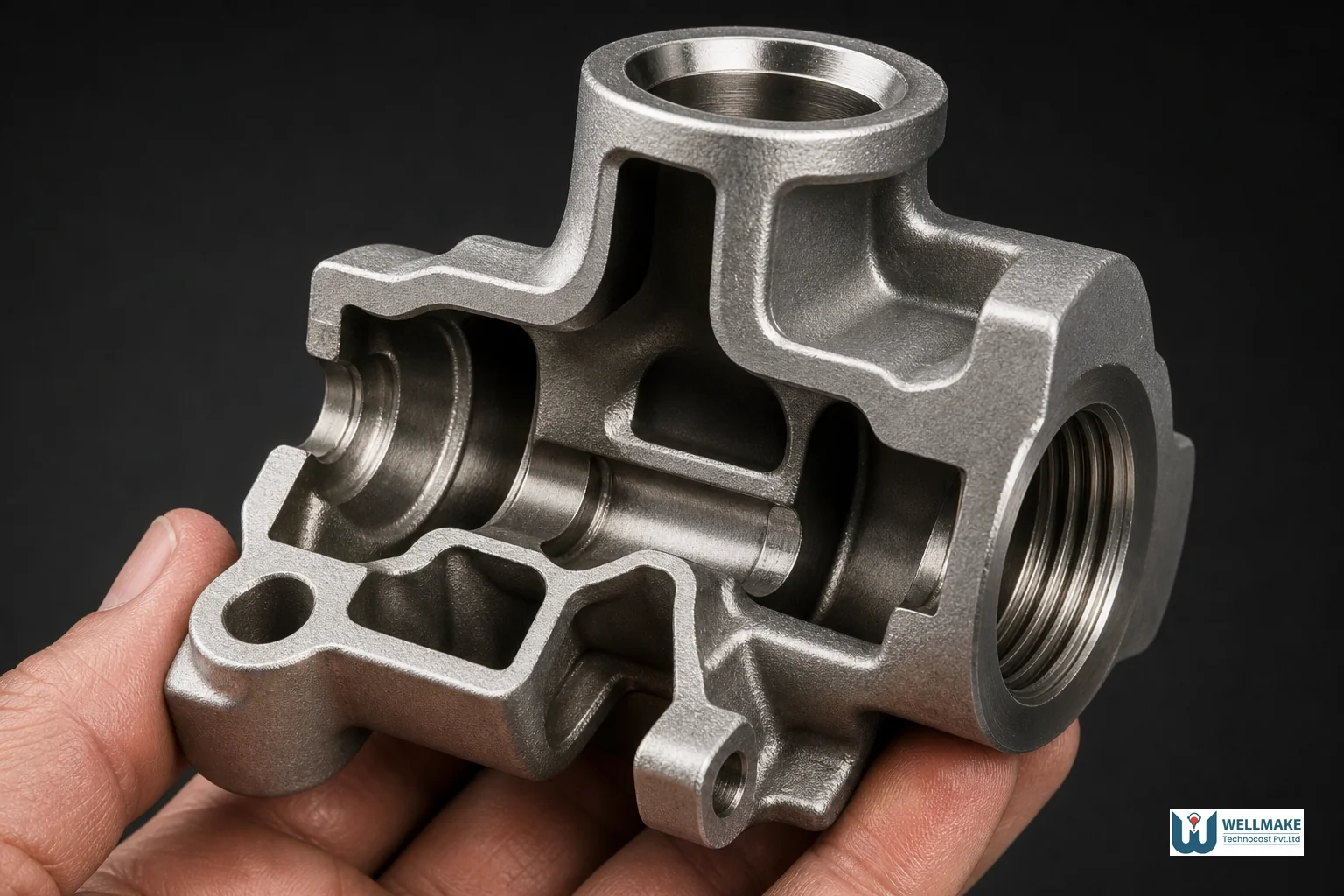 Close-up of a precision investment cast valve body showing smooth internal geometry and surface finish