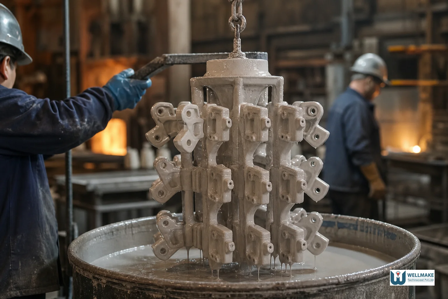 Wax pattern tree being dipped into ceramic slurry during the investment casting shell-building process