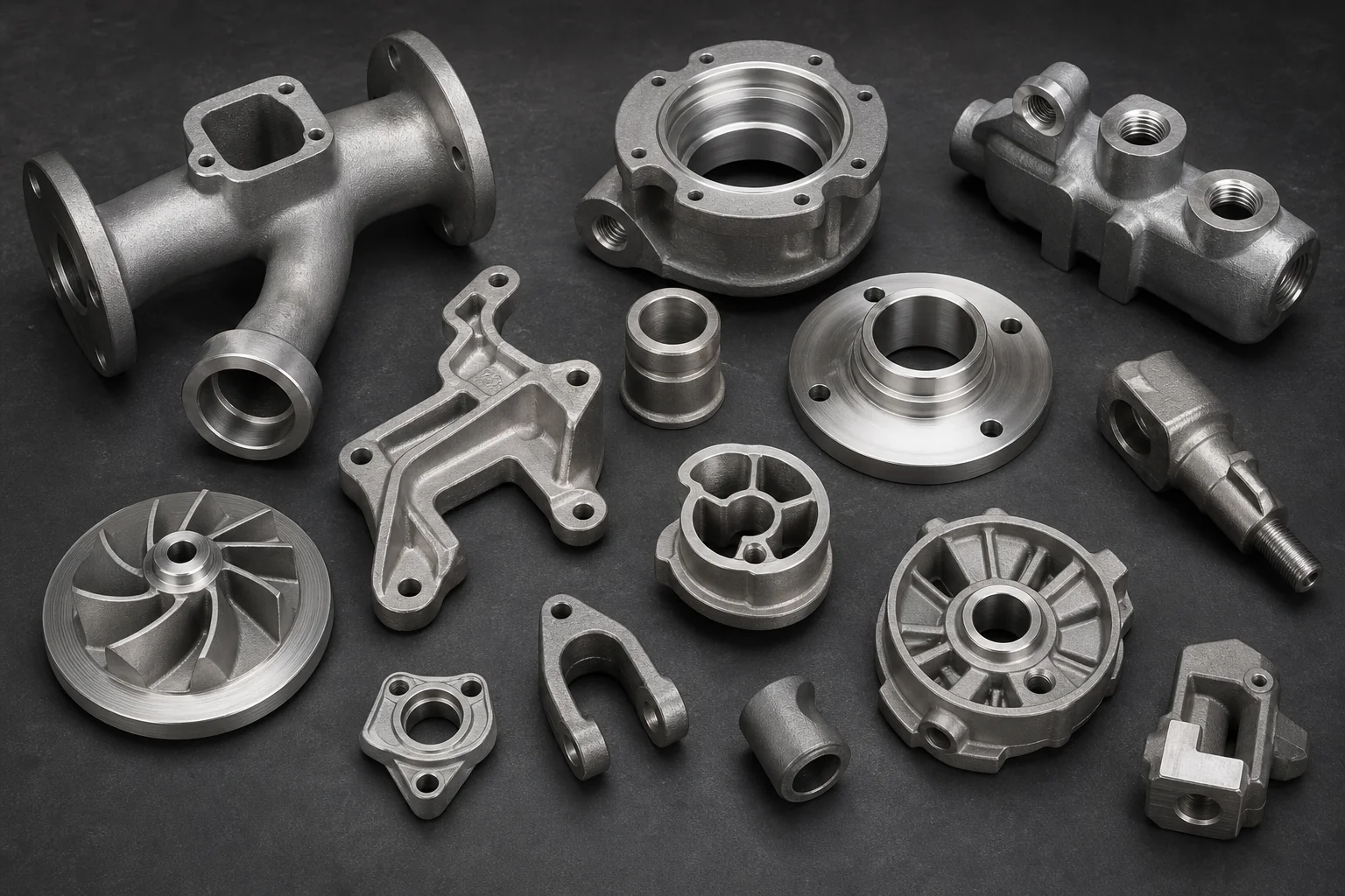 Precision investment cast metal components in various alloys and geometries showing near-net-shape quality