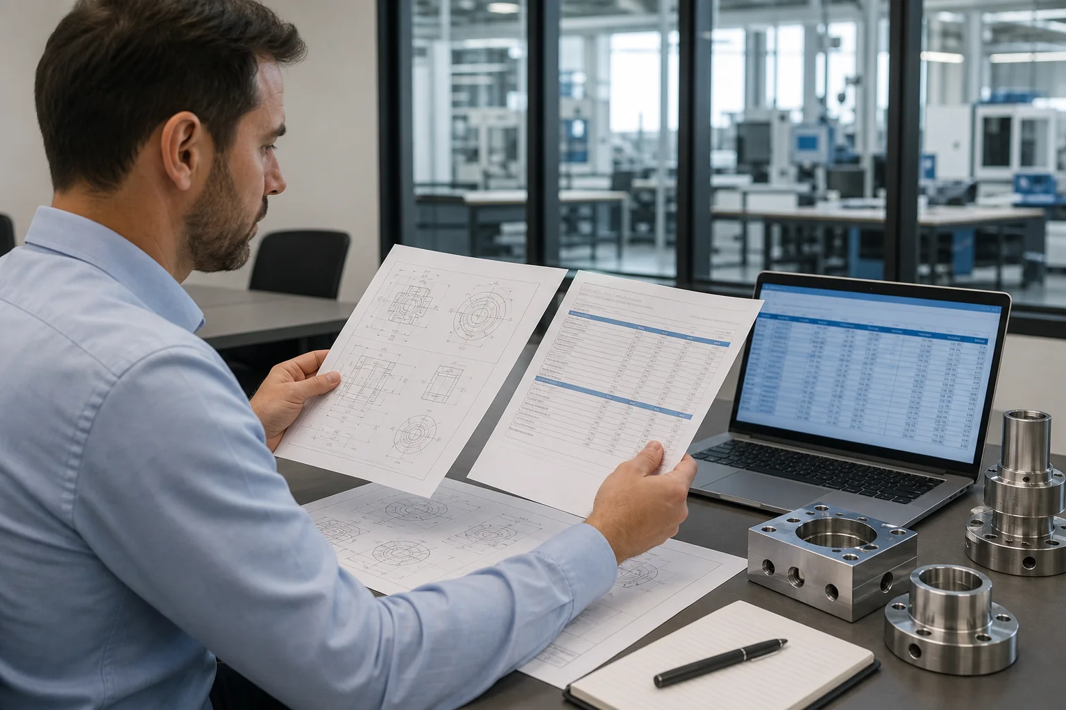 Procurement engineer reviewing investment casting quotes and technical drawings at an industrial office desk