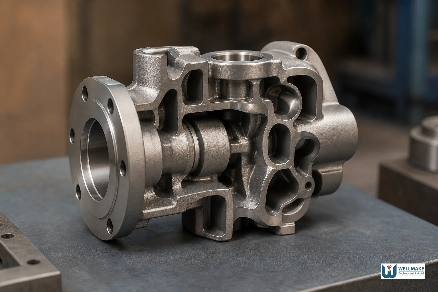Close-up of an intricate metal cast component showing thin walls, curved internal passages, and undercuts, on a foundry inspection table. Photorealistic close-up photograph of a precision-cast stainless steel valve body component with