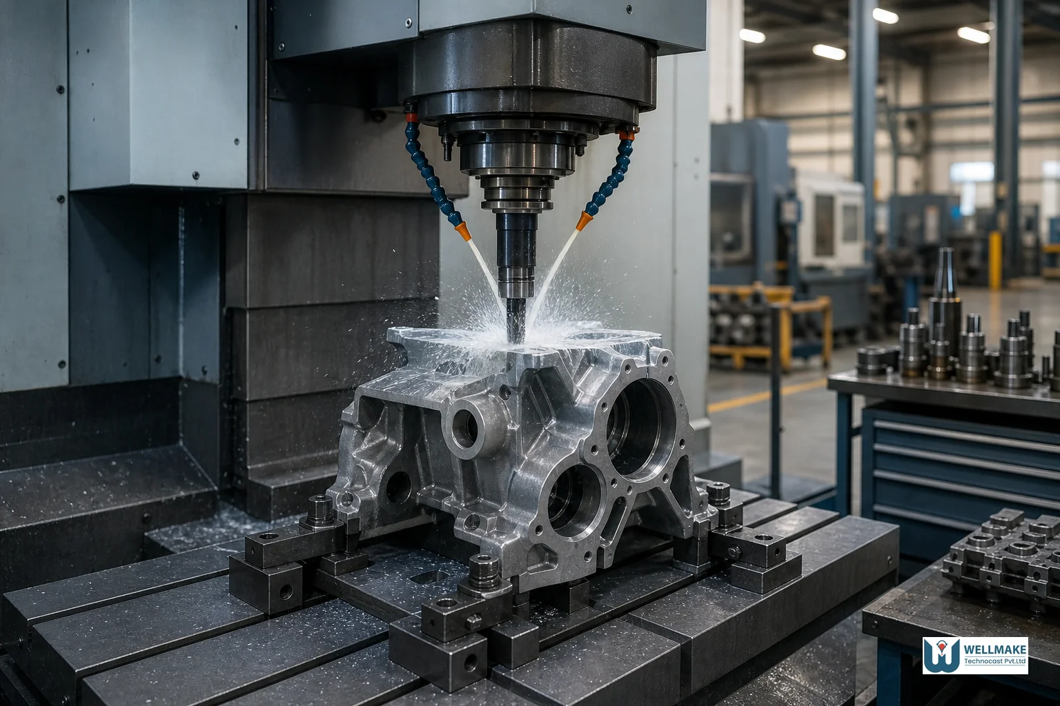 Modern CNC machining cell finishing a cast metal part into a line-ready precision component inside an ISO-certified foundry facility. Photorealistic photograph of a modern CNC machining center inside an industrial foundry facility