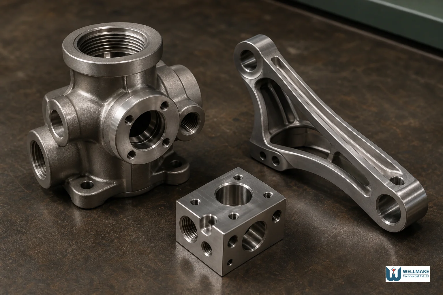 A collection of finished precision cast metal components representing pump, valve, and aerospace bracket parts arranged on a factory table. Photorealistic photograph of an arrangement of finished precision investment-cast metal components