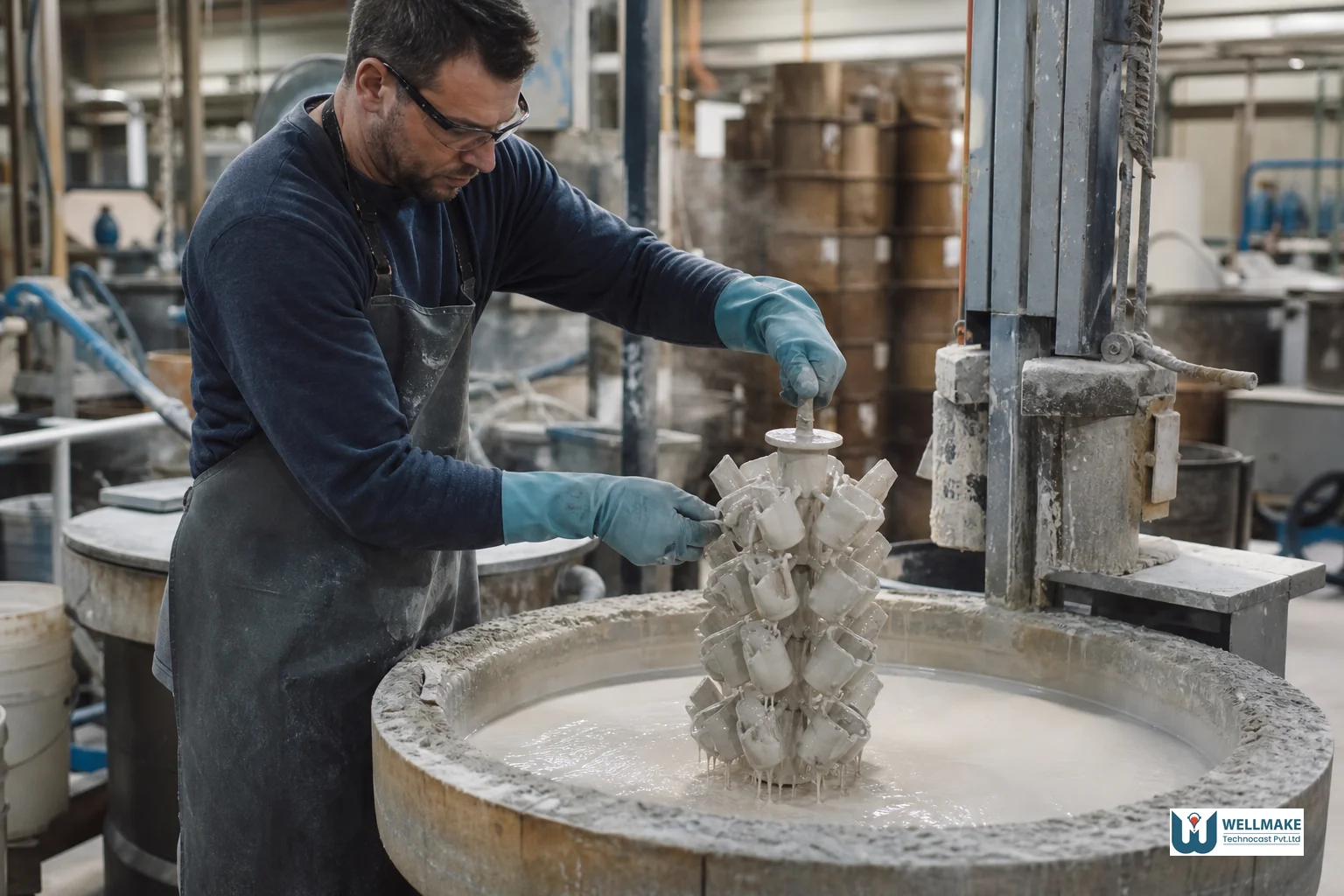 Foundry worker dipping a wax pattern tree into ceramic slurry as part of the shell-building stage. Photorealistic photo of a foundry technician wearing protective gloves dipping a cluster of wax patterns into ceramic slurry inside an