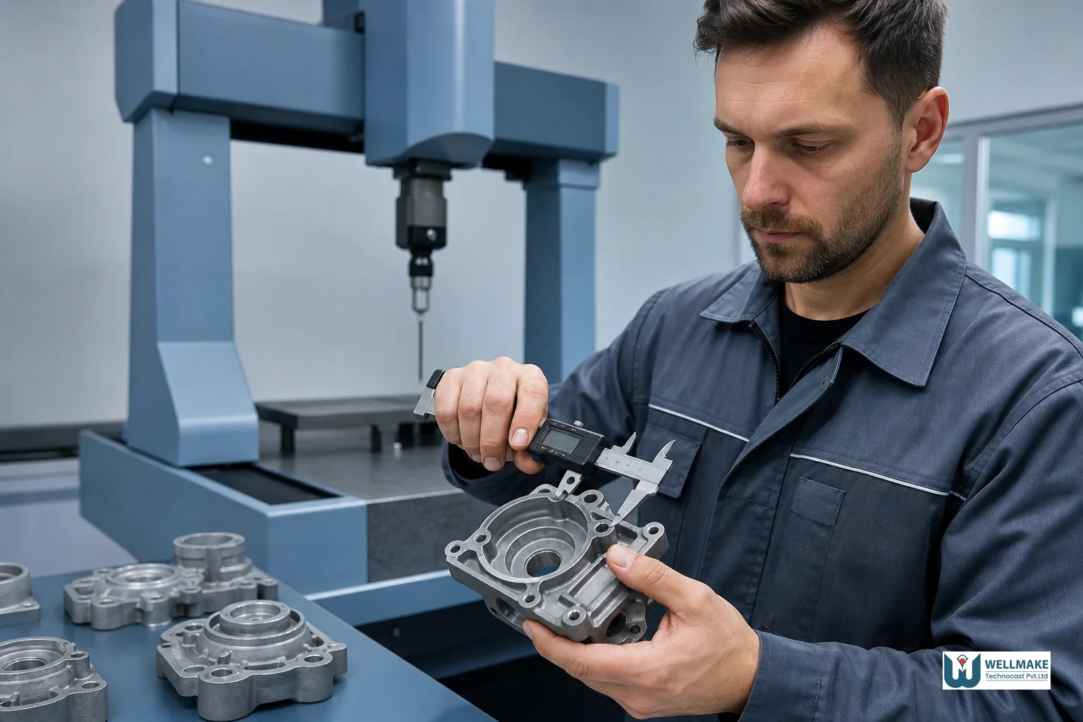 Quality engineer inspecting a machined cast metal component with calipers and CMM equipment. Photorealistic photo of a quality control engineer using digital calipers to measure a precision-machined cast metal component next to a coordinate