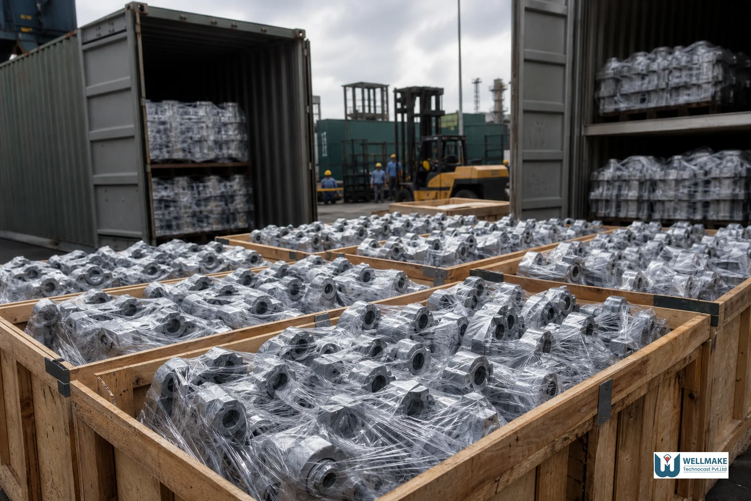 Shipping containers and cast metal parts being packed for export from an Indian foundry to the UK. Photorealistic photo of wooden crates and metal shipping containers loaded with wrapped precision cast metal components at an industrial
