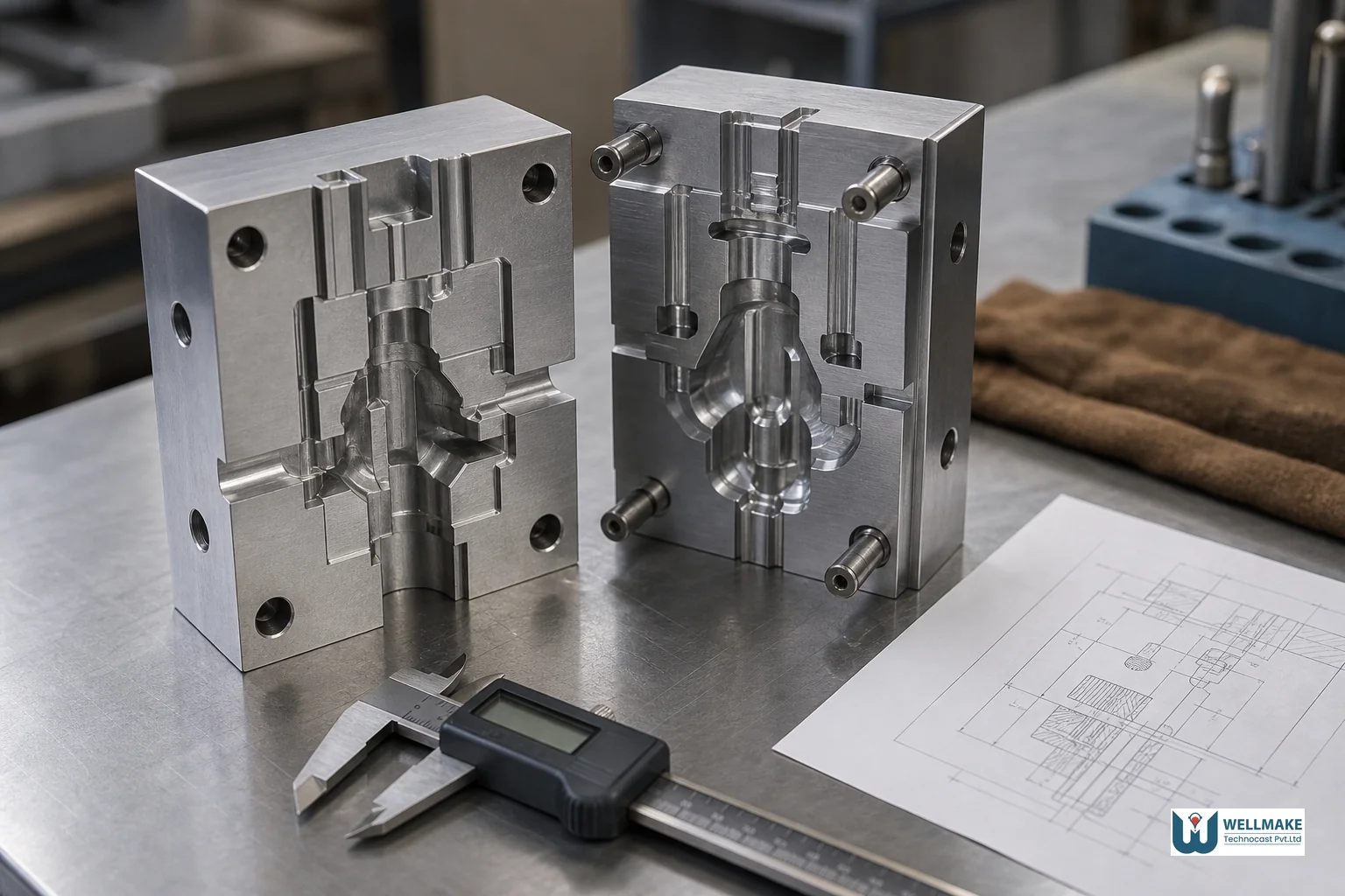 Close-up of a precision aluminum injection tool mold used to produce wax patterns, on a workbench with technical calipers. Photorealistic photo of a precision machined aluminum wax injection tool mold for investment casting, split open