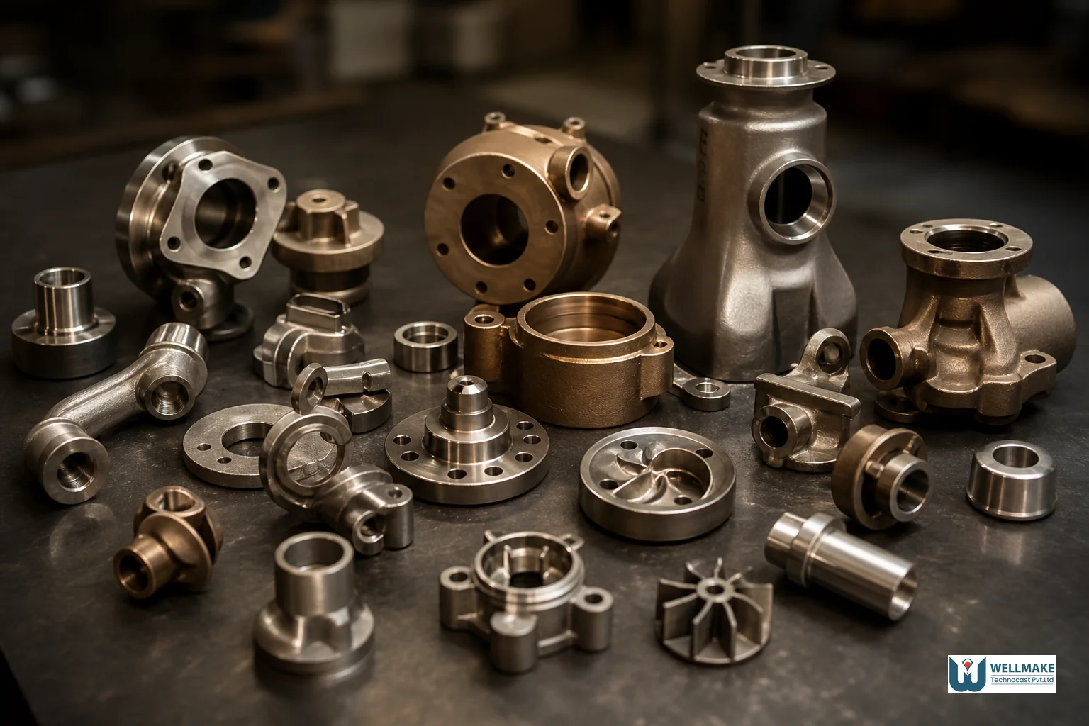 Multiple small cast metal components of different shapes arranged together, representing family tooling and consolidated orders. Photorealistic photo of an assortment of small precision investment cast metal components, pump and valve parts