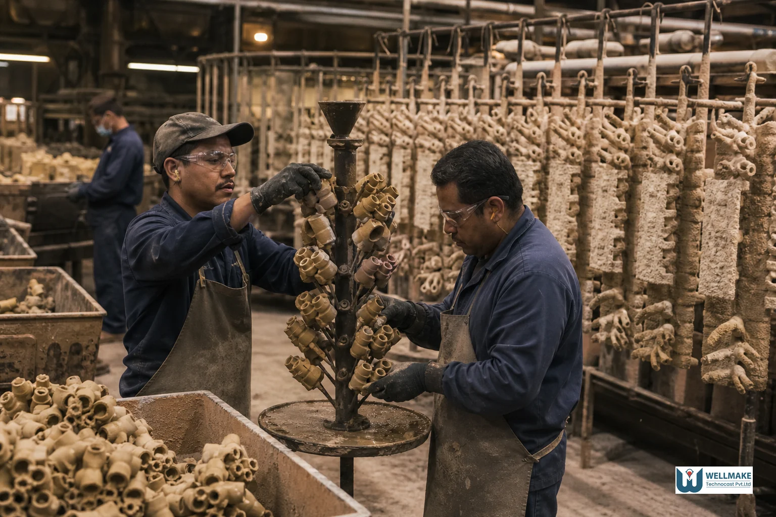 Foundry floor showing wax pattern trees and ceramic shell batches being prepared for a production run. Photorealistic photo of an industrial investment casting foundry floor, workers arranging clusters of wax patterns on a tree assembly