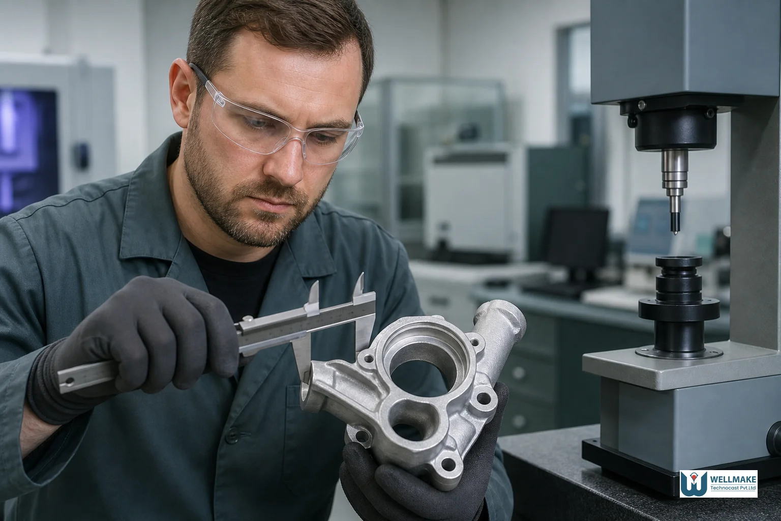 Close-up of quality inspection process bridging trust between overseas foundry and buyer. Photorealistic close-up photograph of a quality control engineer in an investment casting foundry lab inspecting a precision metal cast component with