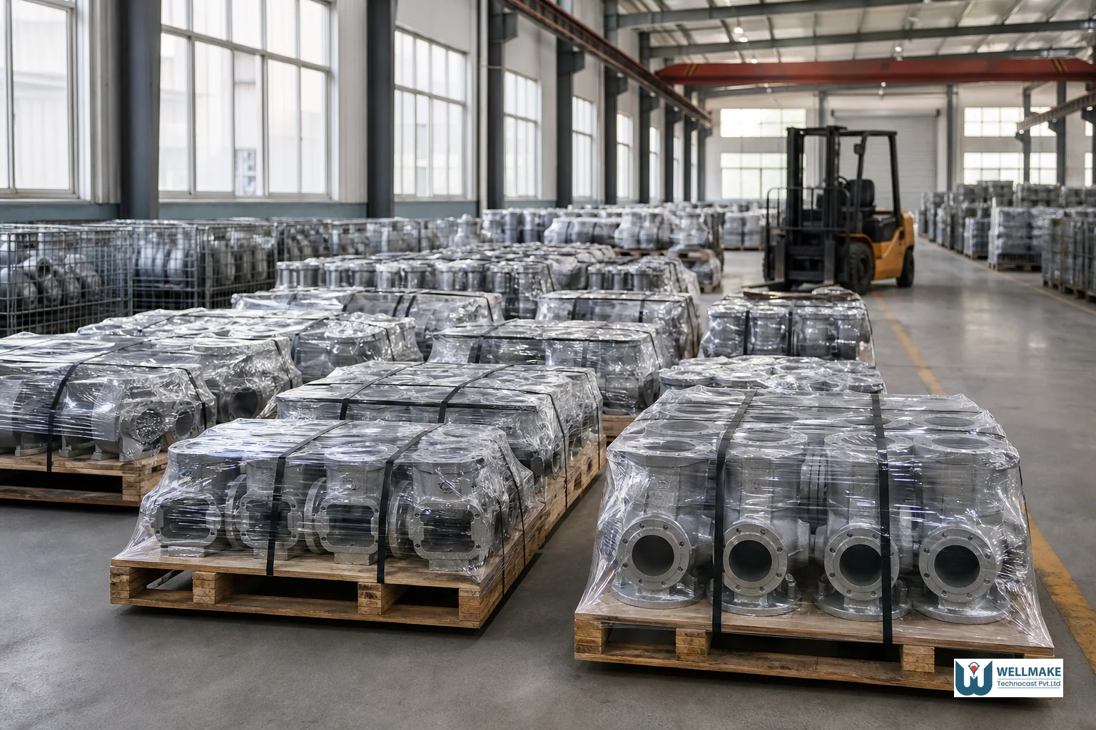 Warehouse and logistics scene showing packaged metal castings ready for export shipment. Photorealistic photo of a well-organized industrial warehouse at a precision investment casting factory, rows of finished metal cast components (valve