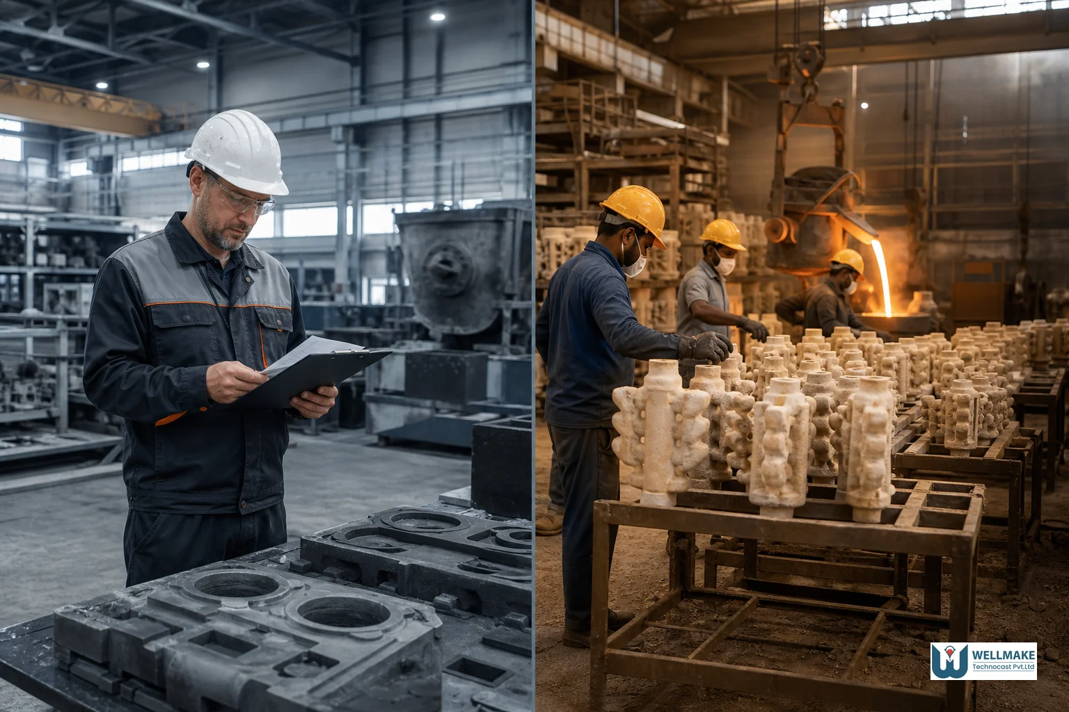 Split visual contrasting a German industrial foundry setting with an Indian precision casting foundry floor. Photorealistic wide industrial photo split into two harmonious halves: left side shows a modern European metal foundry workshop