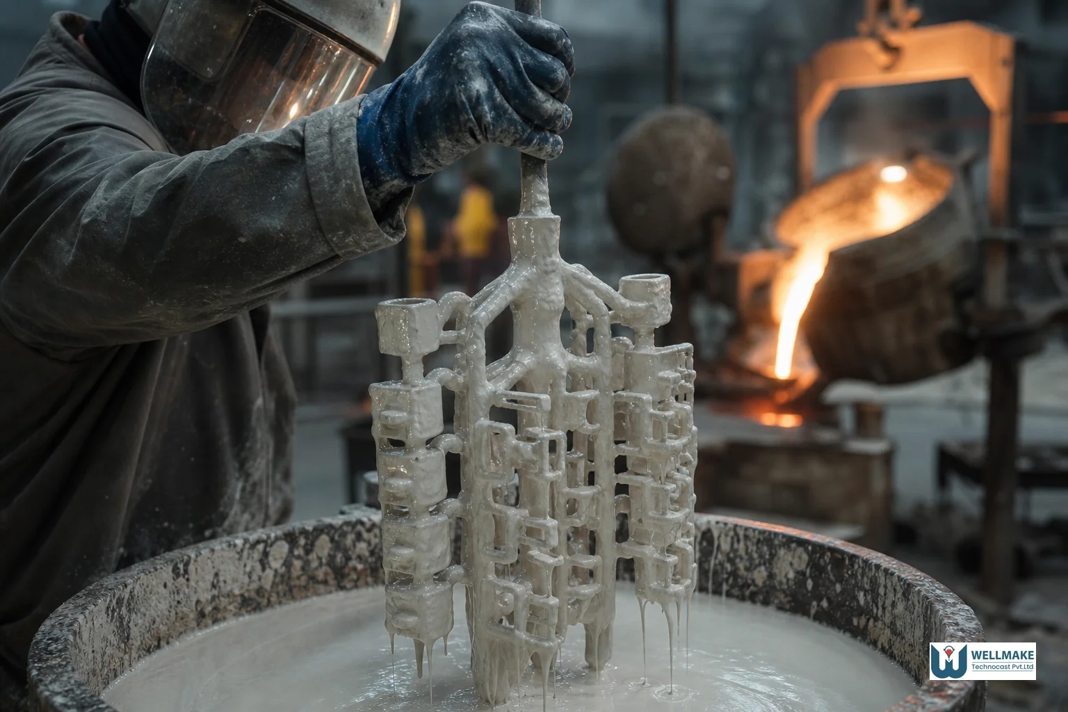 Foundry worker overseeing ceramic shell investment casting process for a heavy-duty component. photorealistic close-up photograph inside an investment casting foundry, technician in safety gear dipping a wax pattern tree into ceramic slurry