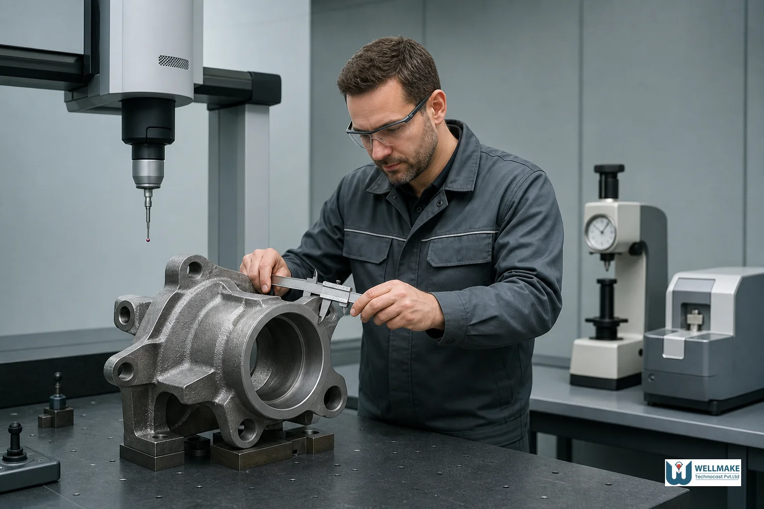 Quality control inspection of a finished cast mining component using precision measurement tools. photorealistic photograph of a quality control engineer in a clean industrial lab inspecting a large machined cast metal mining component