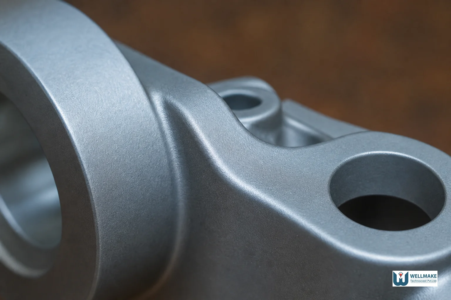 Macro photo showing the smooth as-cast surface texture of a precision investment cast metal part. Photorealistic macro close-up photograph of the smooth, fine-grained as-cast surface texture of a precision investment cast stainless steel or