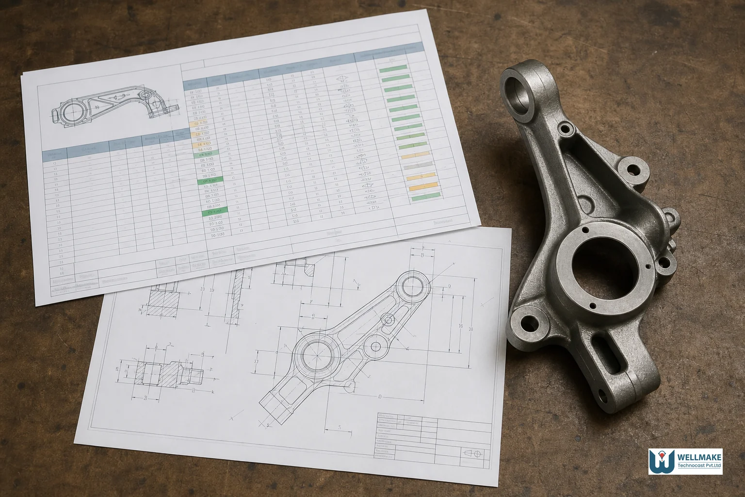 Close-up of a technical engineering drawing or CMM tolerance report next to a cast metal part. Photorealistic photo of a technical dimensional inspection report and an engineering drawing with tolerance callouts laid flat on a workbench
