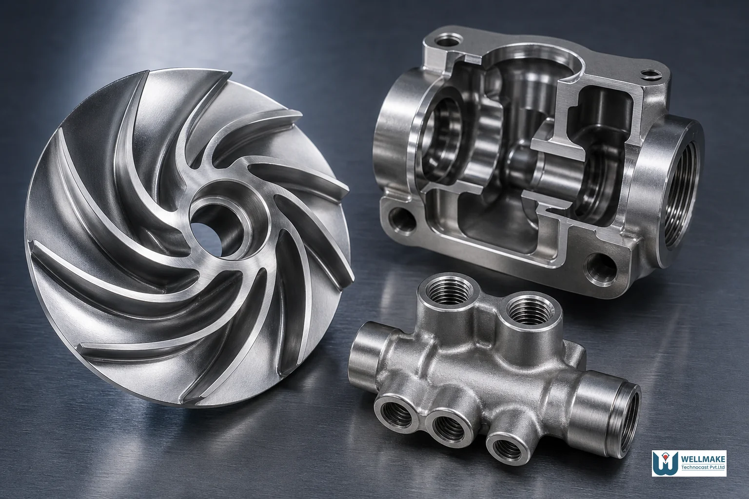 Precision investment cast components including pump impeller, valve body, and manifold showing complex geometries and smooth surface finish