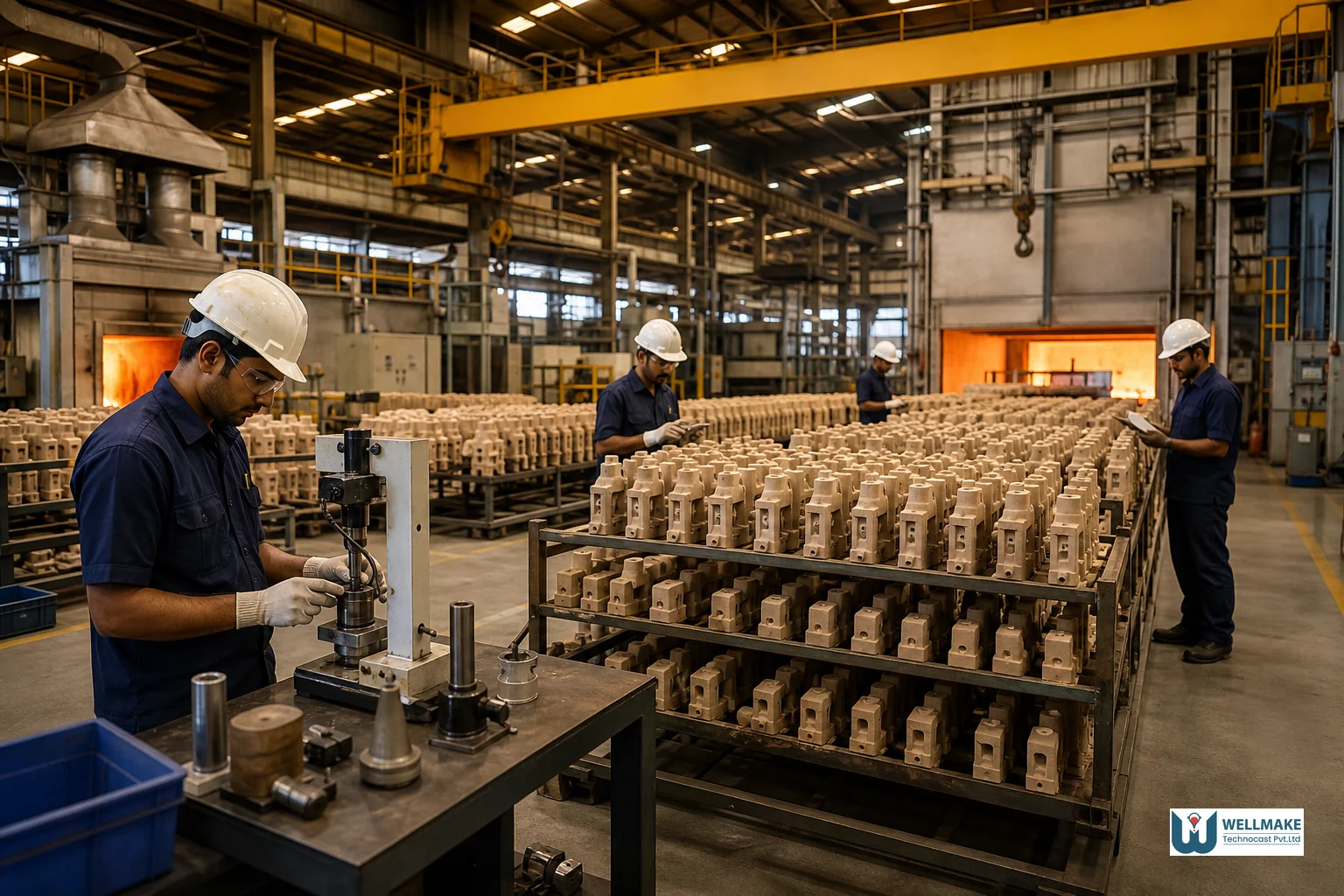 Modern investment casting foundry production floor in India with quality control stations and ceramic shell molds