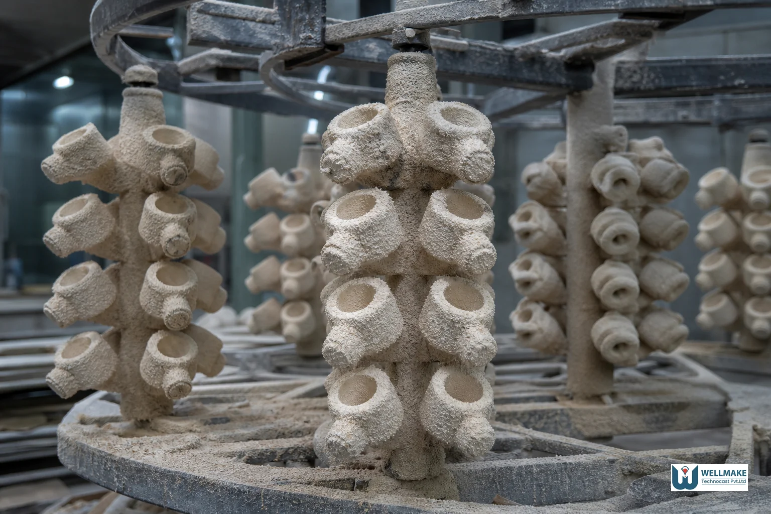 Close-up of ceramic shell molds drying on a rack, showing the multi-layer dipping and stucco process. Photorealistic close-up photograph of ceramic investment casting shells on a rotating drying rack in a foundry, layered in pale