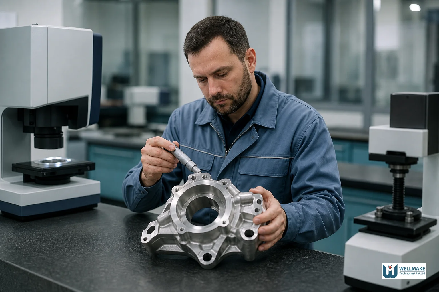 Quality control technician inspecting a finished cast metal component with precision measuring tools in an industrial lab setting. Photorealistic photograph of a quality control technician in a modern industrial lab inspecting a