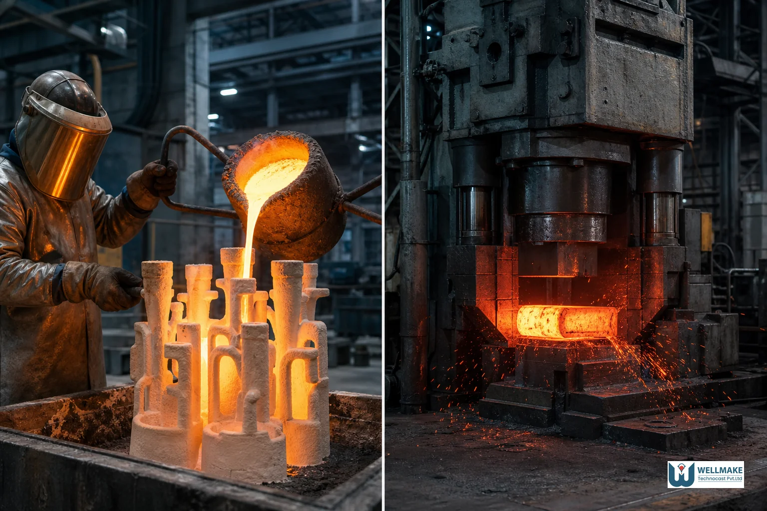 Side-by-side comparison of investment casting ceramic shell pour and industrial forging press in a metal manufacturing facility
