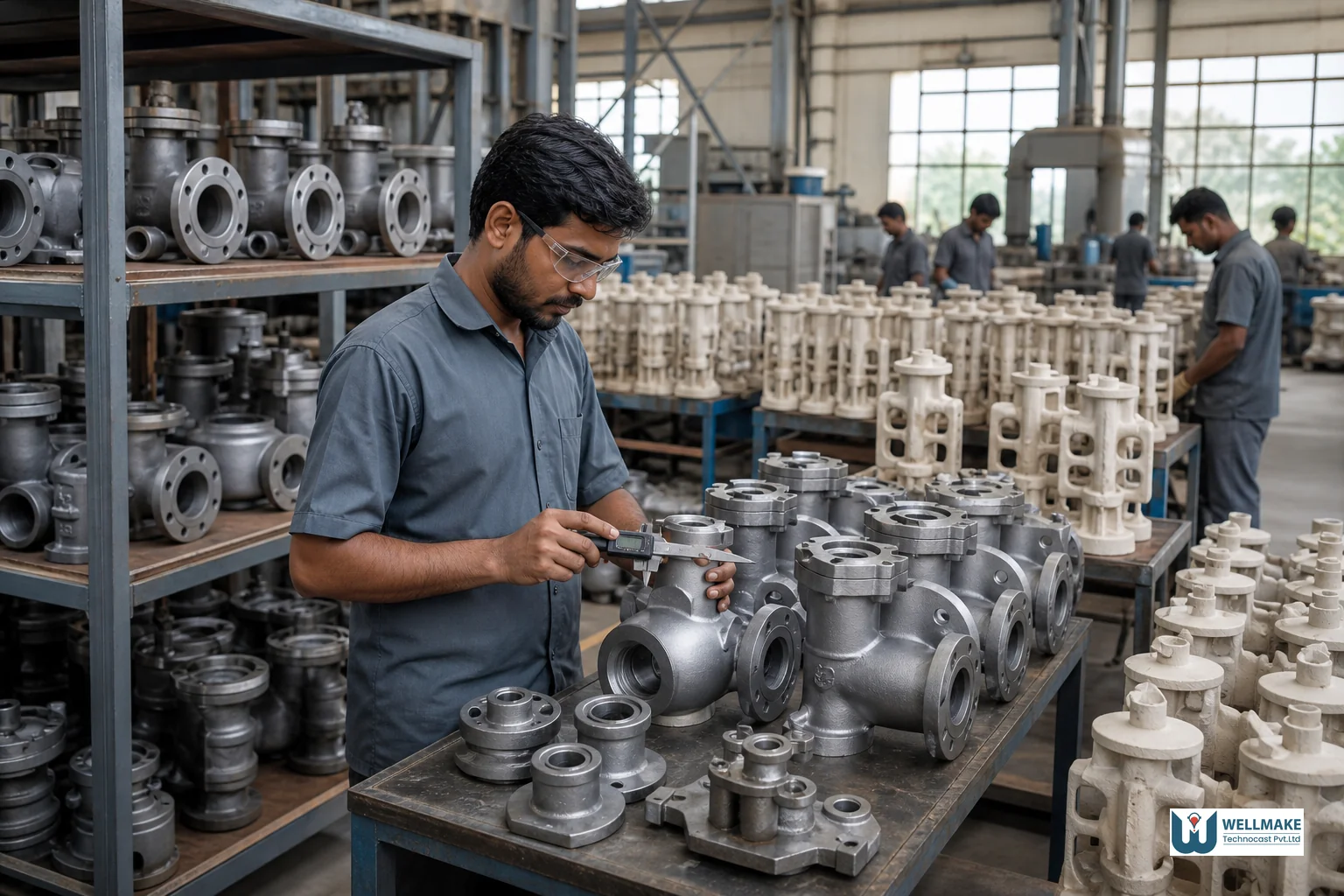 Quality control technician measuring a precision cast metal component inside a modern Indian investment casting foundry