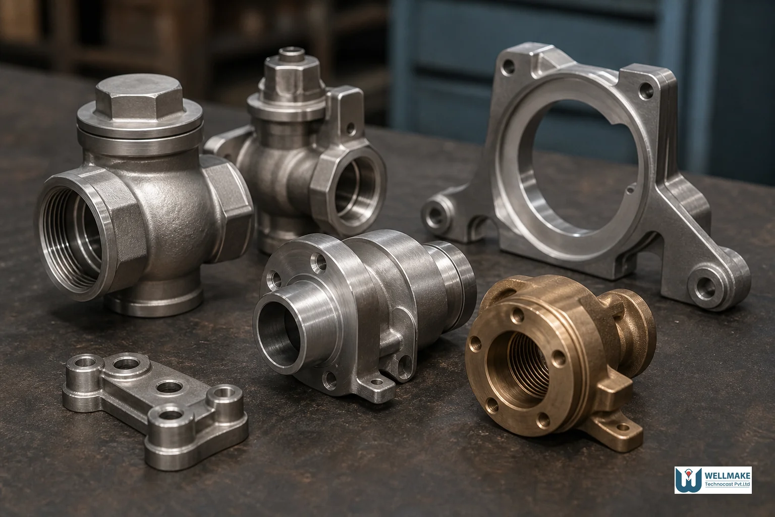photorealistic close-up photograph of an array of precision metal cast components arranged on a dark industrial workbench, including stainless steel valve bodies, a bronze fitting, and an aluminum bracket, showing varied metallic finishes