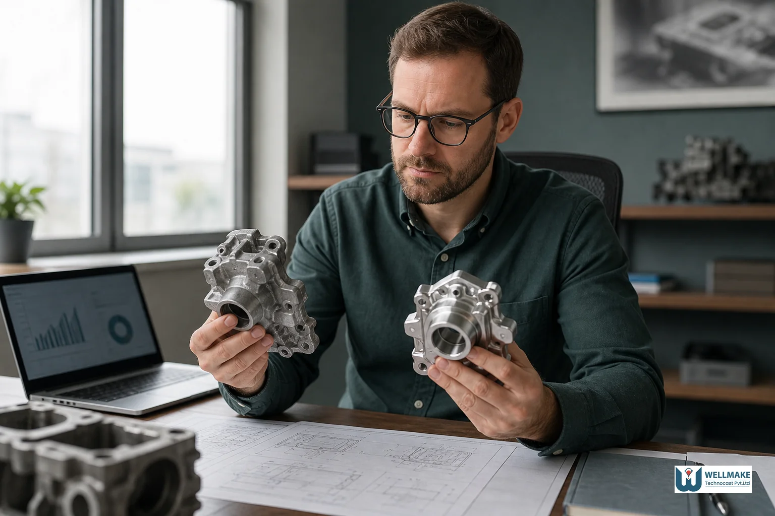 Procurement engineer reviewing cost comparison documents and cast metal samples at a desk. photorealistic photograph of an industrial procurement engineer at a desk comparing two metal component samples side by side, one rough die-cast