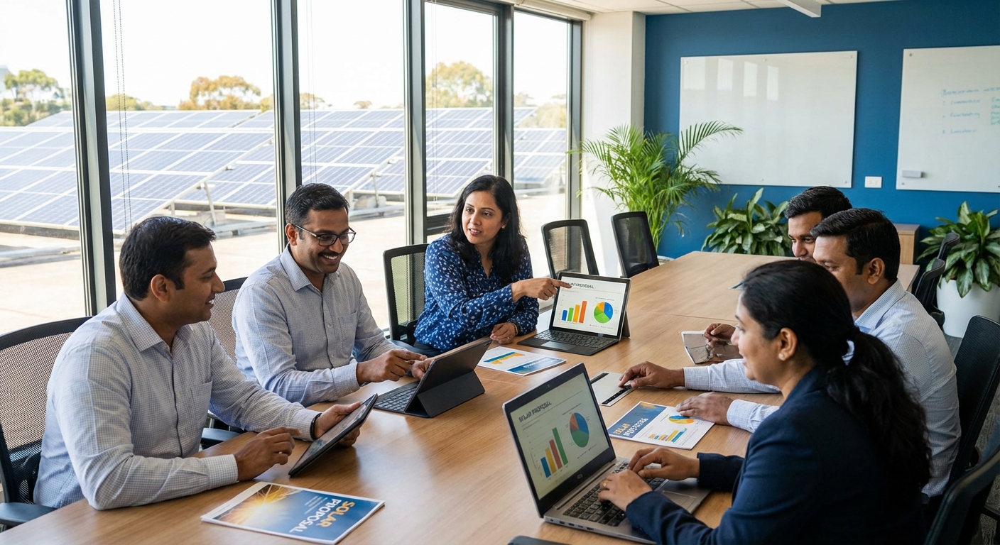 Solar sales team in India collaborating on professional solar proposals using digital tools and CRM software