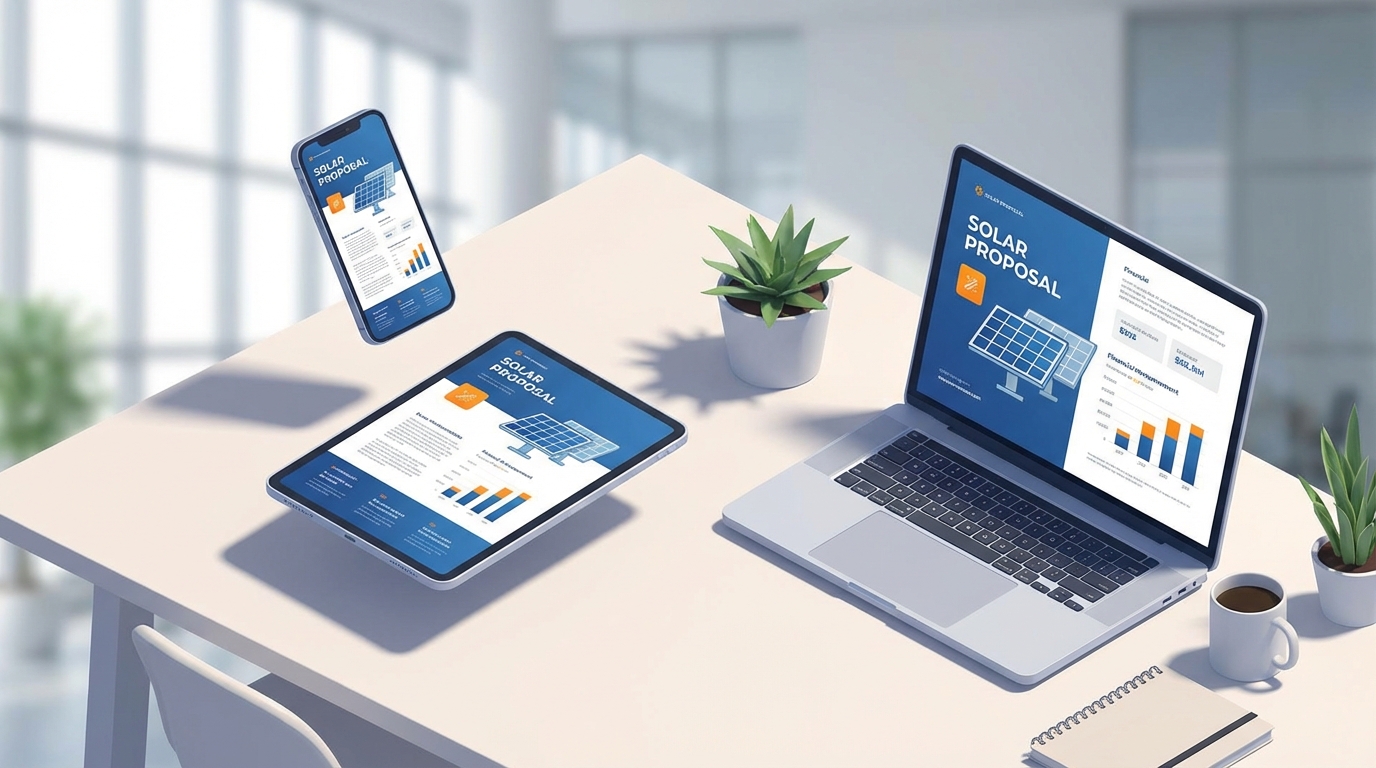 Professional solar proposal template displayed on multiple devices showing modern design and financial projections
