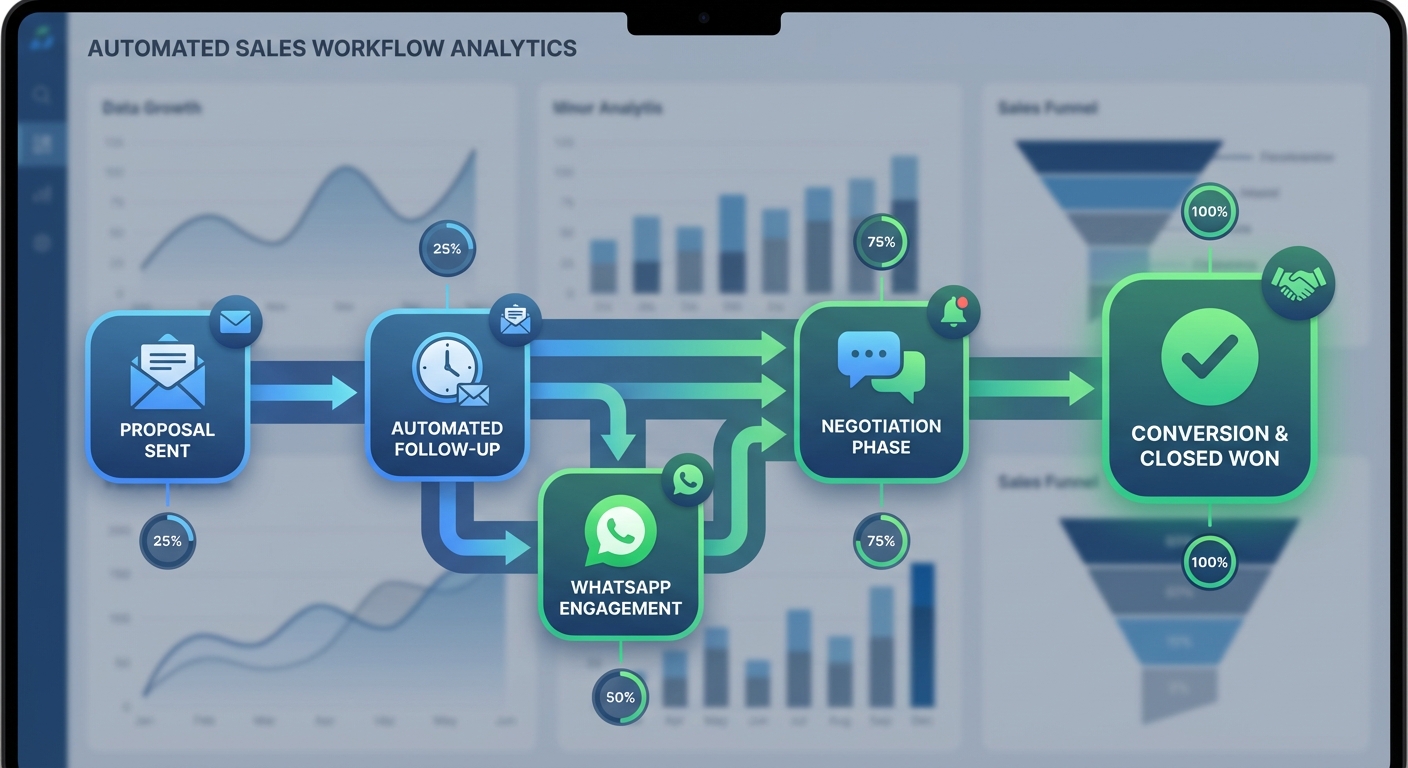 Automated follow-up workflow visualization showing lead journey from proposal to conversion with multiple touchpoints