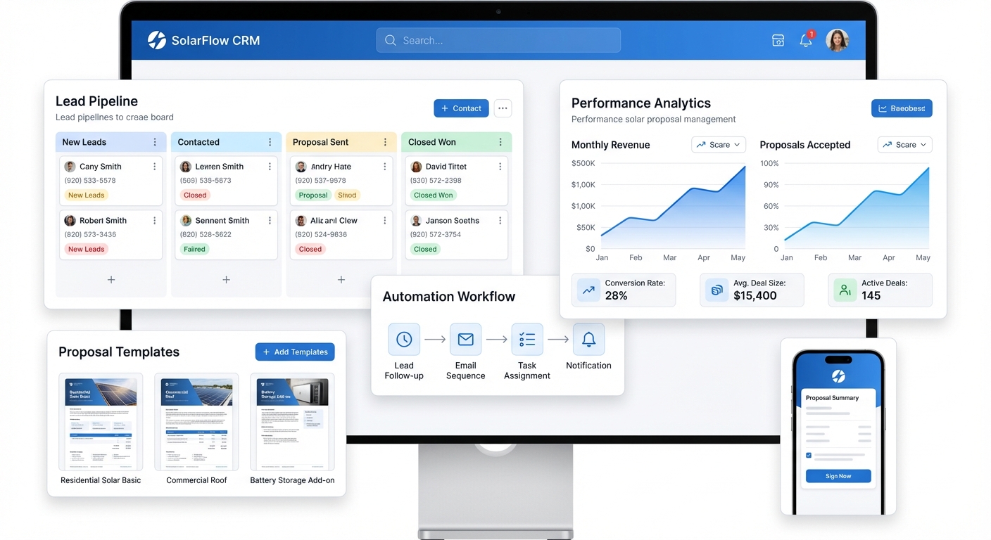 Solar CRM dashboard showing proposal automation features, analytics, and mobile app interface