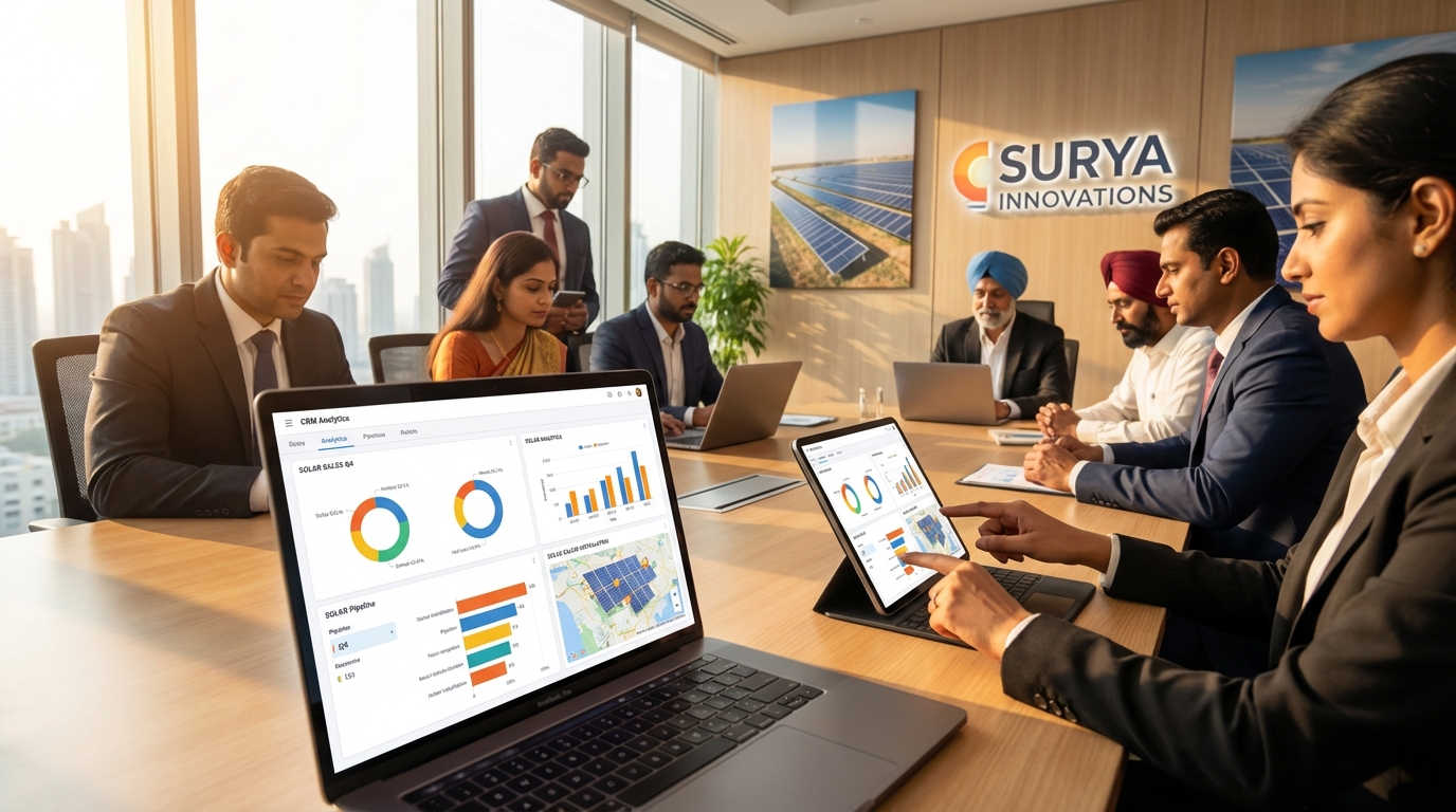 Solar business professionals evaluating CRM selection criteria on laptops and tablets in modern office