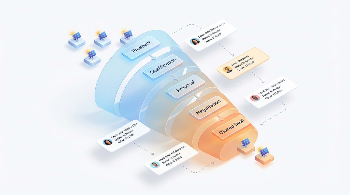 Visual representation of lead management and sales pipeline tracking in solar CRM system