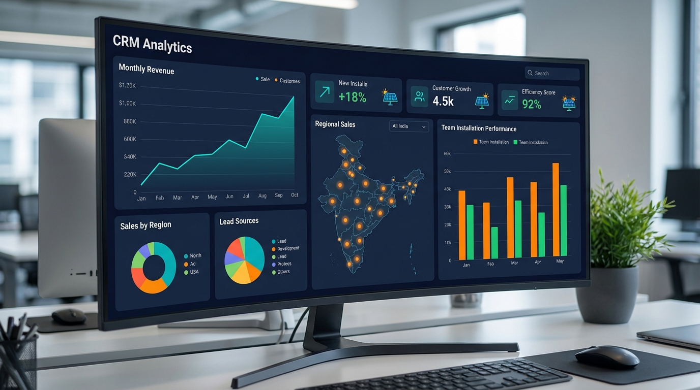 Real-time solar CRM analytics dashboard showing sales performance metrics and KPIs