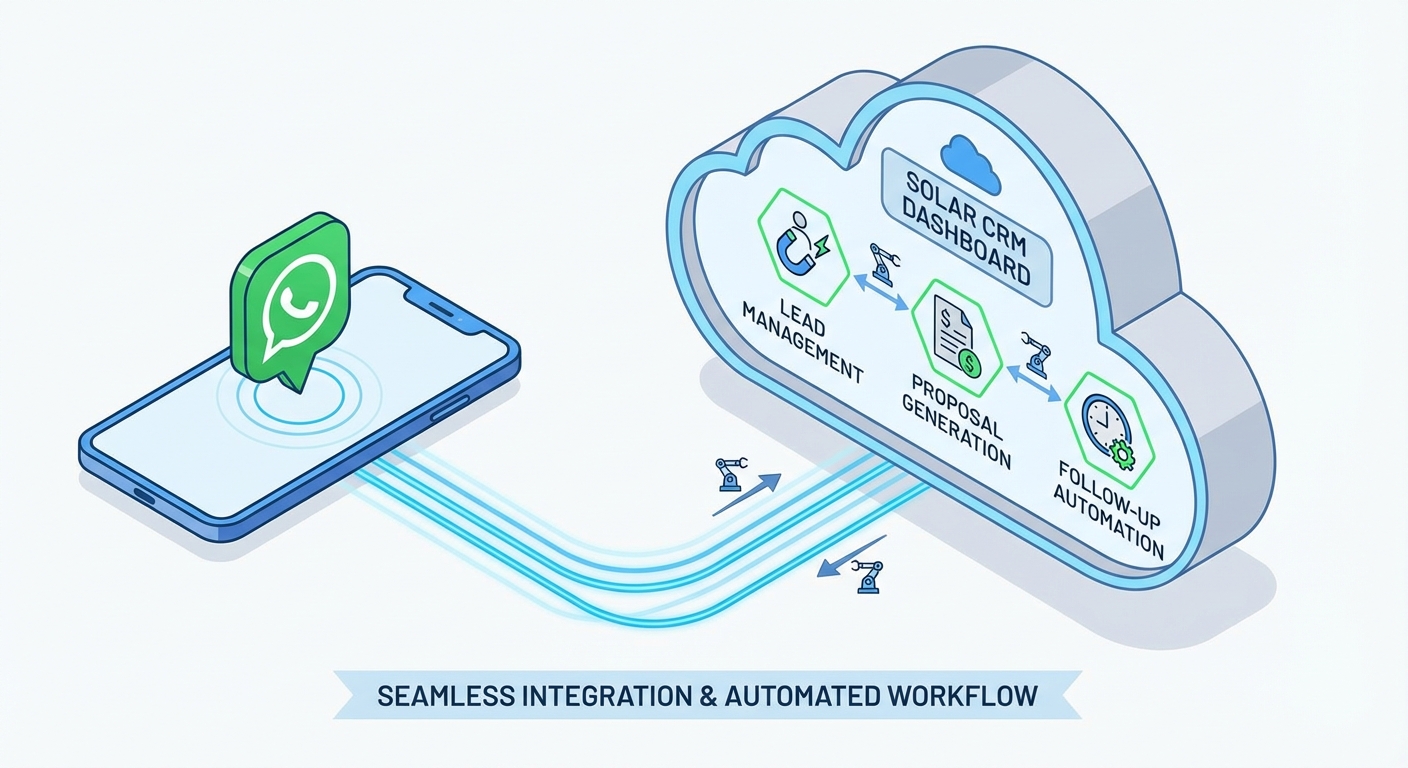 WhatsApp integration with solar CRM system workflow diagram showing automation