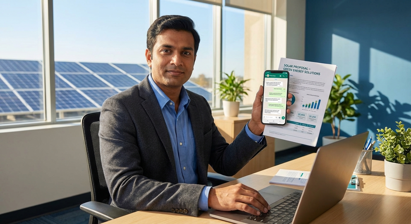 Solar sales professional using WhatsApp proposals on smartphone in modern office