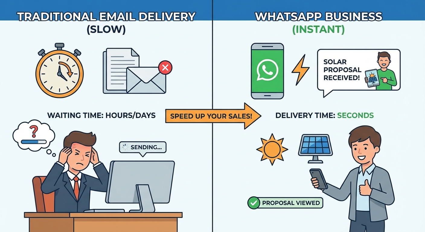 WhatsApp proposals speed comparison showing instant delivery versus traditional email