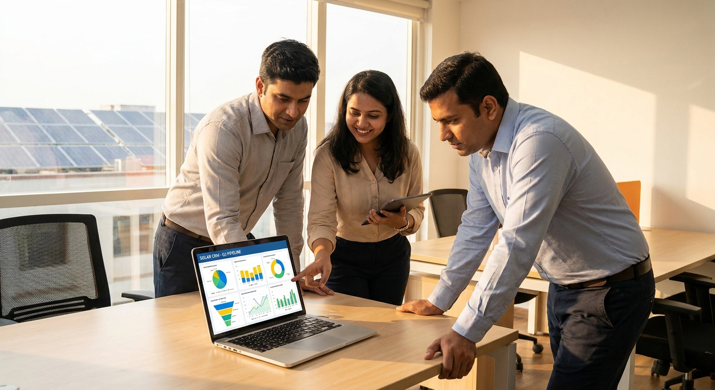 Solar sales team evaluating a CRM demo on a laptop in a modern Indian office