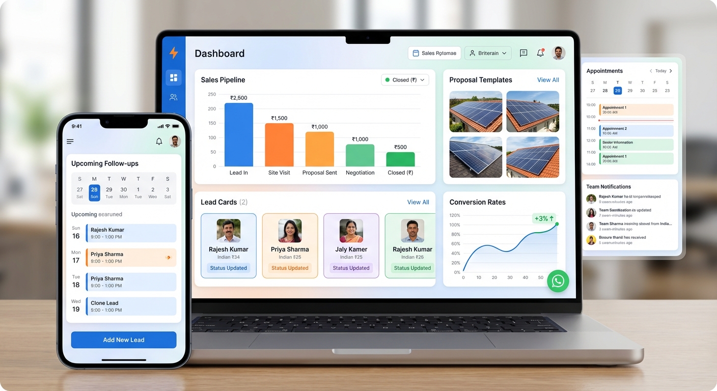 Solar CRM dashboard showing key features delivering CRM benefits India companies need for sales success