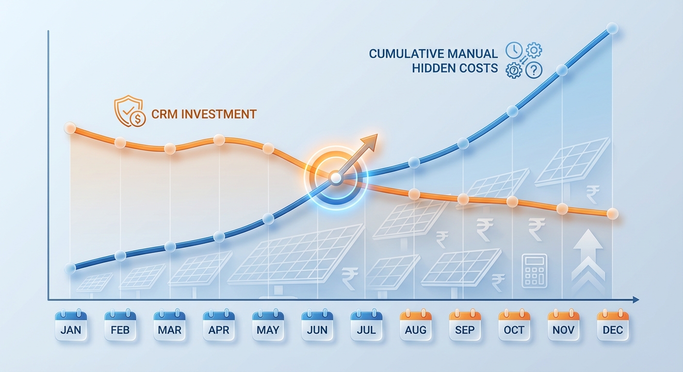 Cost comparison chart showing CRM benefits India solar companies gain versus hidden costs of manual processes